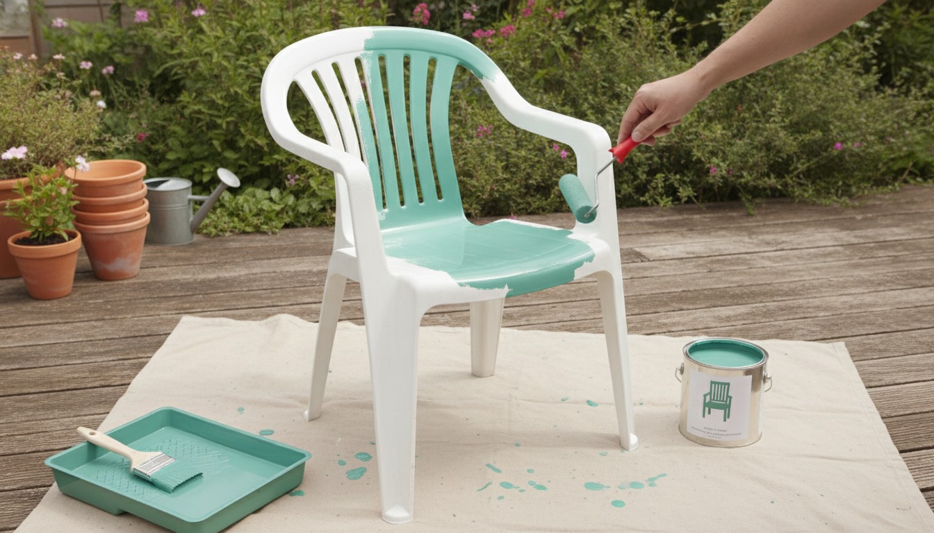 peindre chaise plastique au rouleau et à la bombe